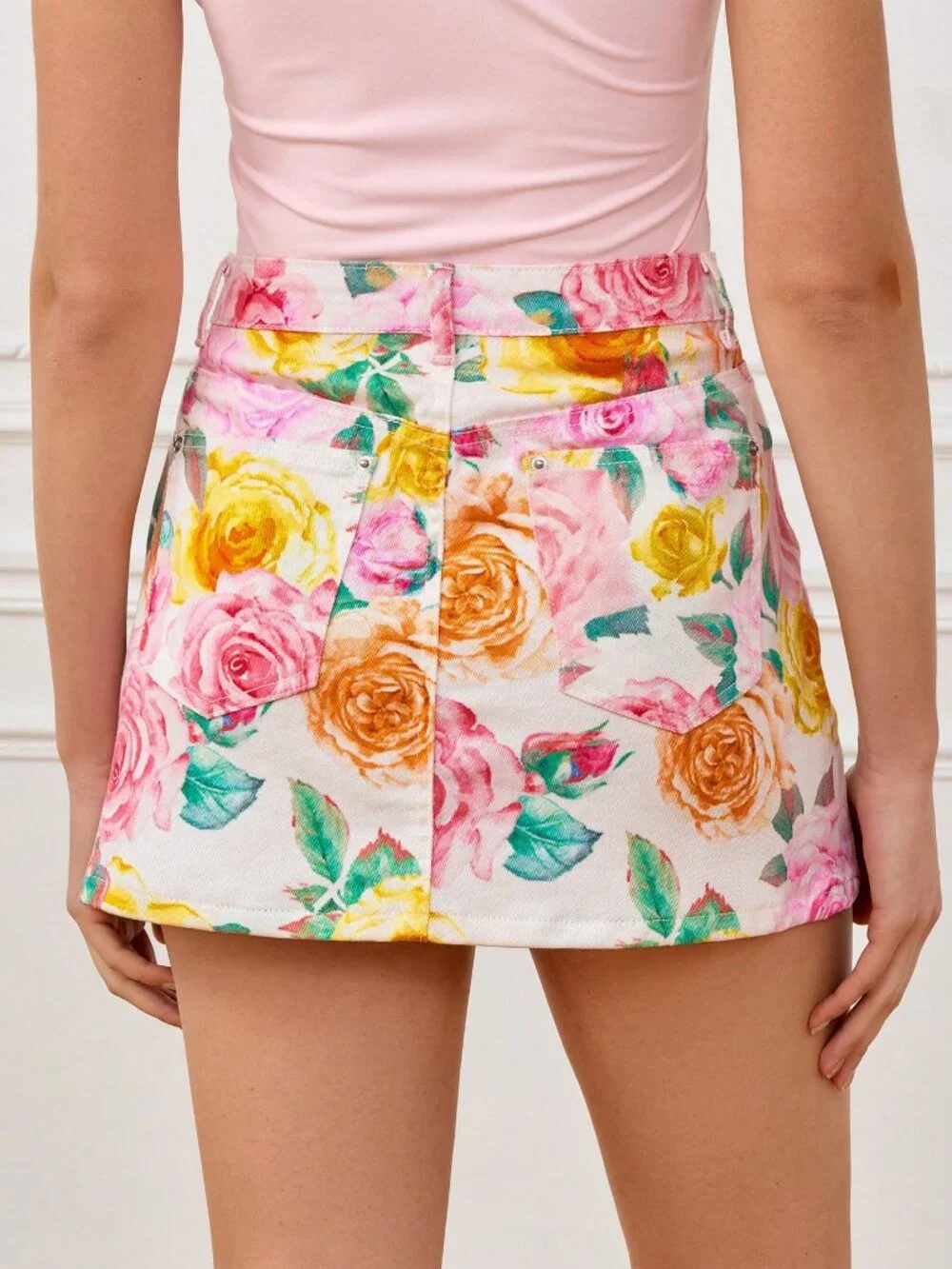 White Boho Women's Elegant Watercolor Floral Print Denim Skirt - Picture 2 of 5